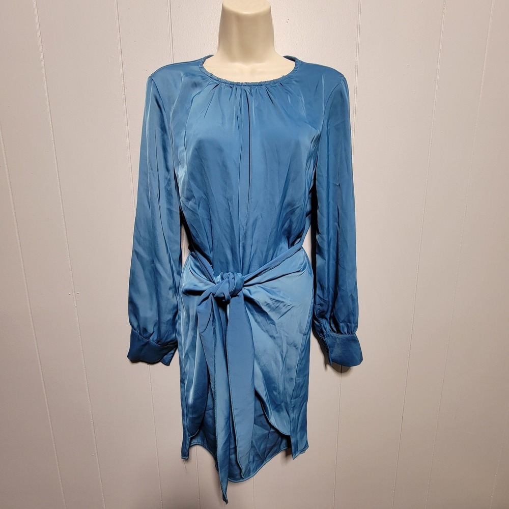 Fashion‎ Blue Satin Tie Front Long Sleeve Mini Dress NWT Size S 7129